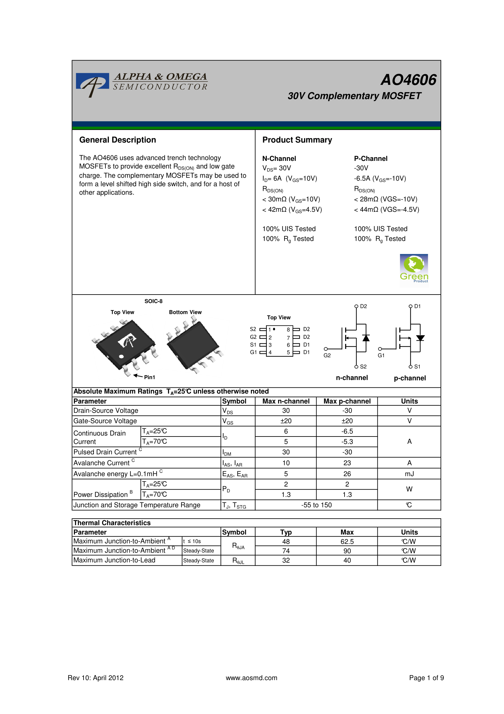 AO4606 30V6.5A SOP8 N+P MOS F(xin)؛(yng)